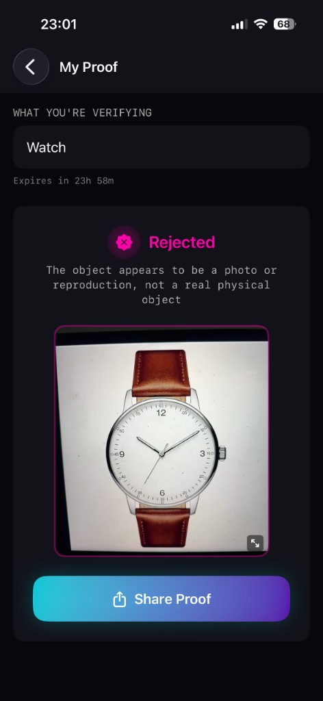 ProofLens rejected proof screen